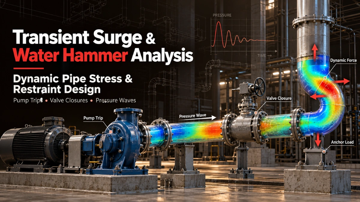 Transient surge and water hammer analysis showing pressure waves, dynamic forces and anchor loads in an industrial piping system